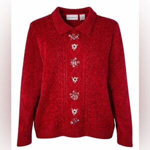 Vintage Alfred Dunner Red Chenille Sweater Size Medium Embellished Floral Detail
